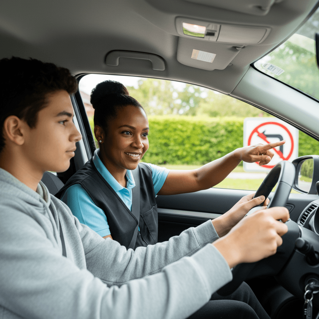 Driving instructor guides teen student by pointing at a road sign during a lesson.