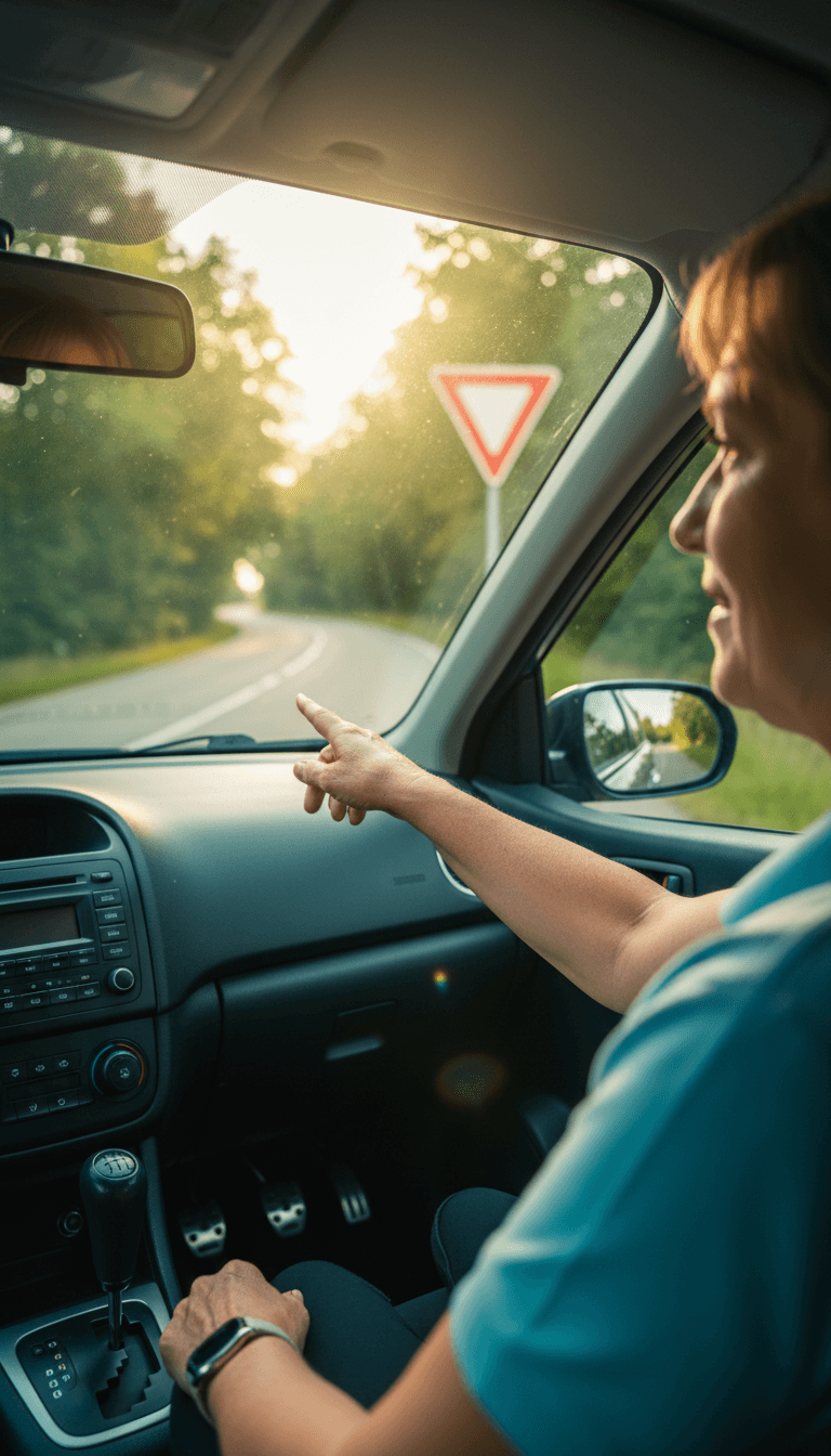 Driving instructor pointing at a road sign during a lesson