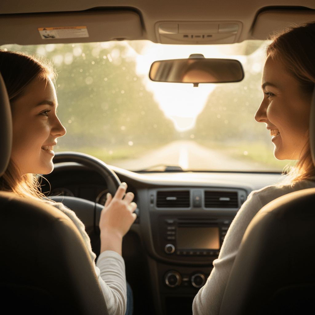 Teen driver's hands on the steering wheel with a parent beside them