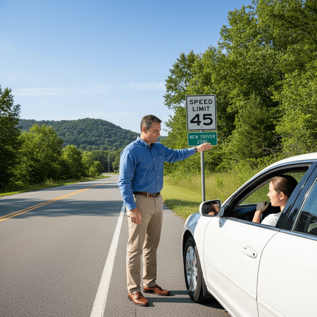 Driving instructor teaching a student by pointing at a road sign on a sunny day.