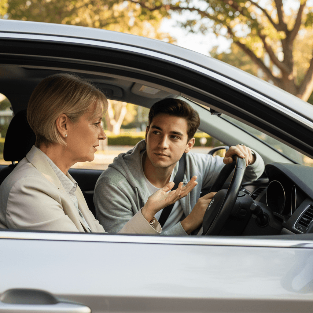 Instructor coaching student driver during practice