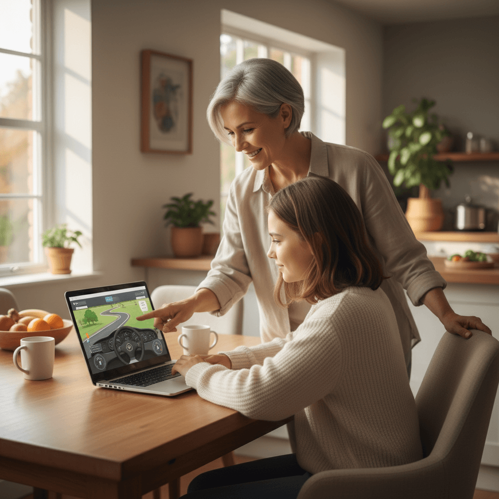 Teen driver studying online course at home with parent