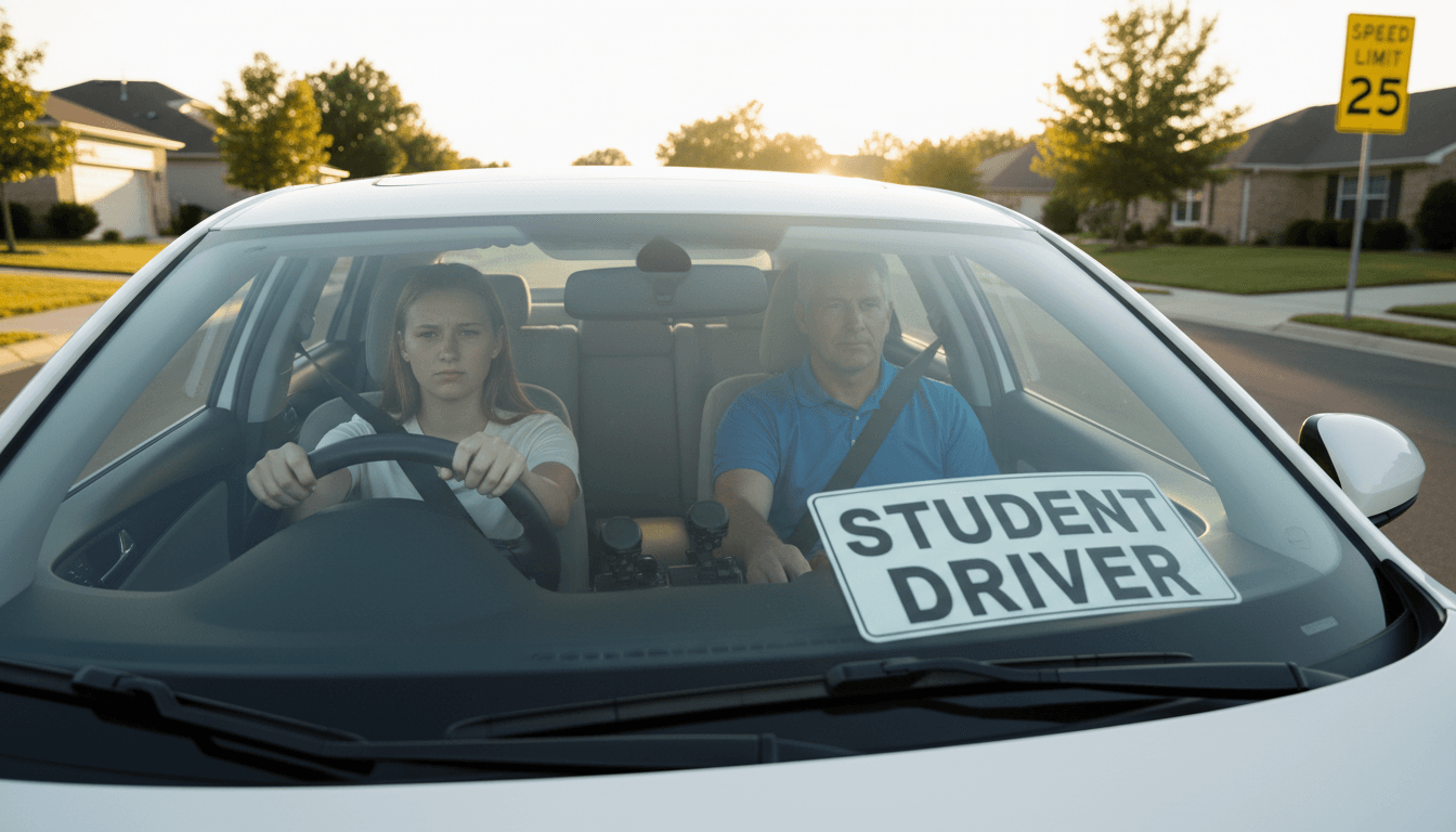 Teen driver practicing behind the wheel with an instructor in the passenger seat