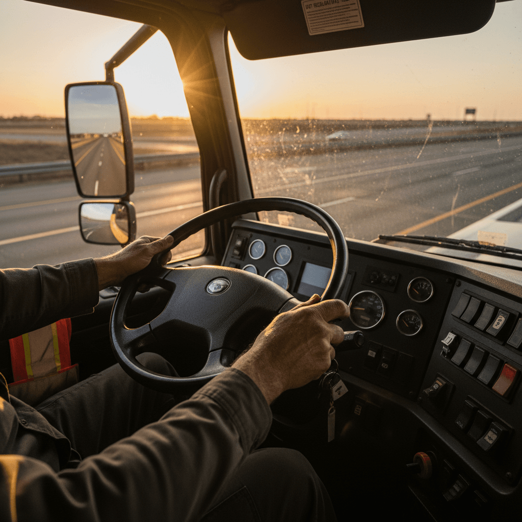 Professional truck driver's hands on steering wheel with highway visible through windshield in golden hour light