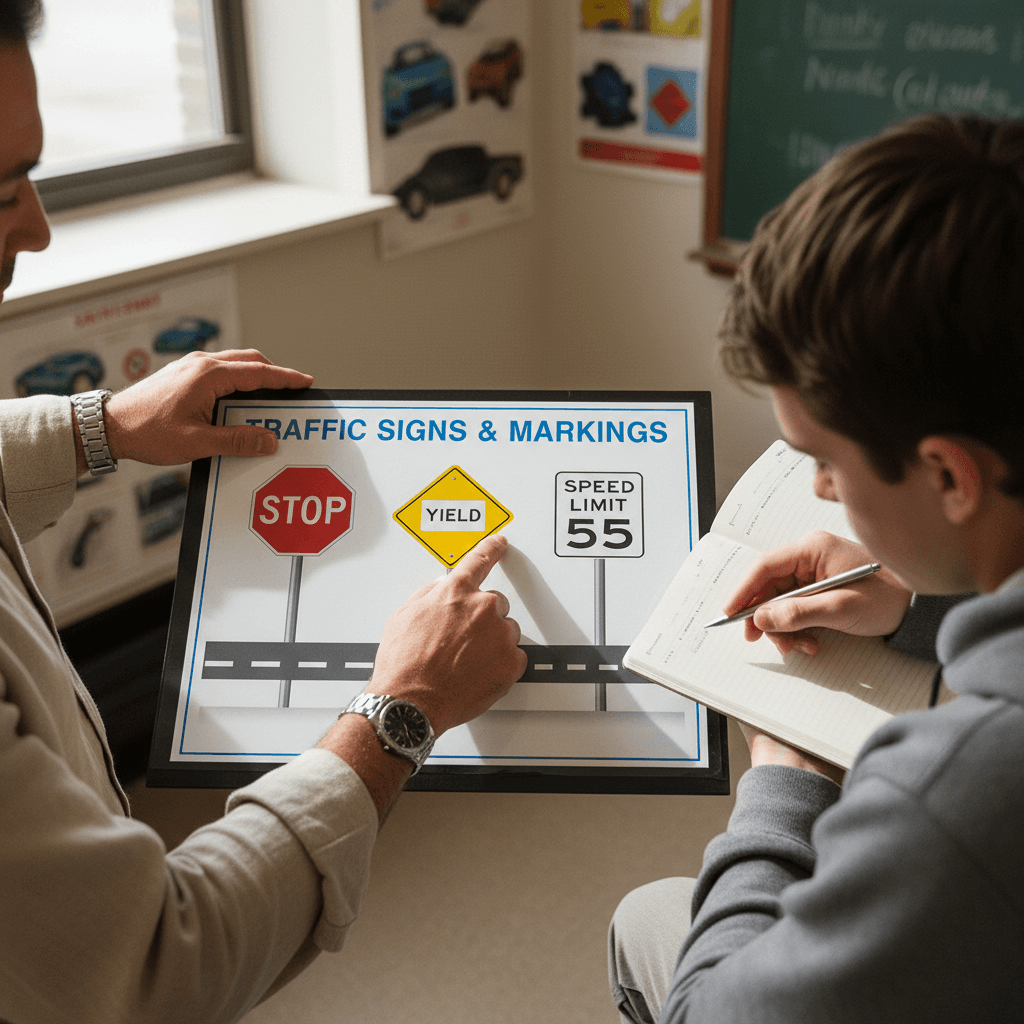 Driving instructor pointing to traffic signs on training chart while teaching student in classroom setting