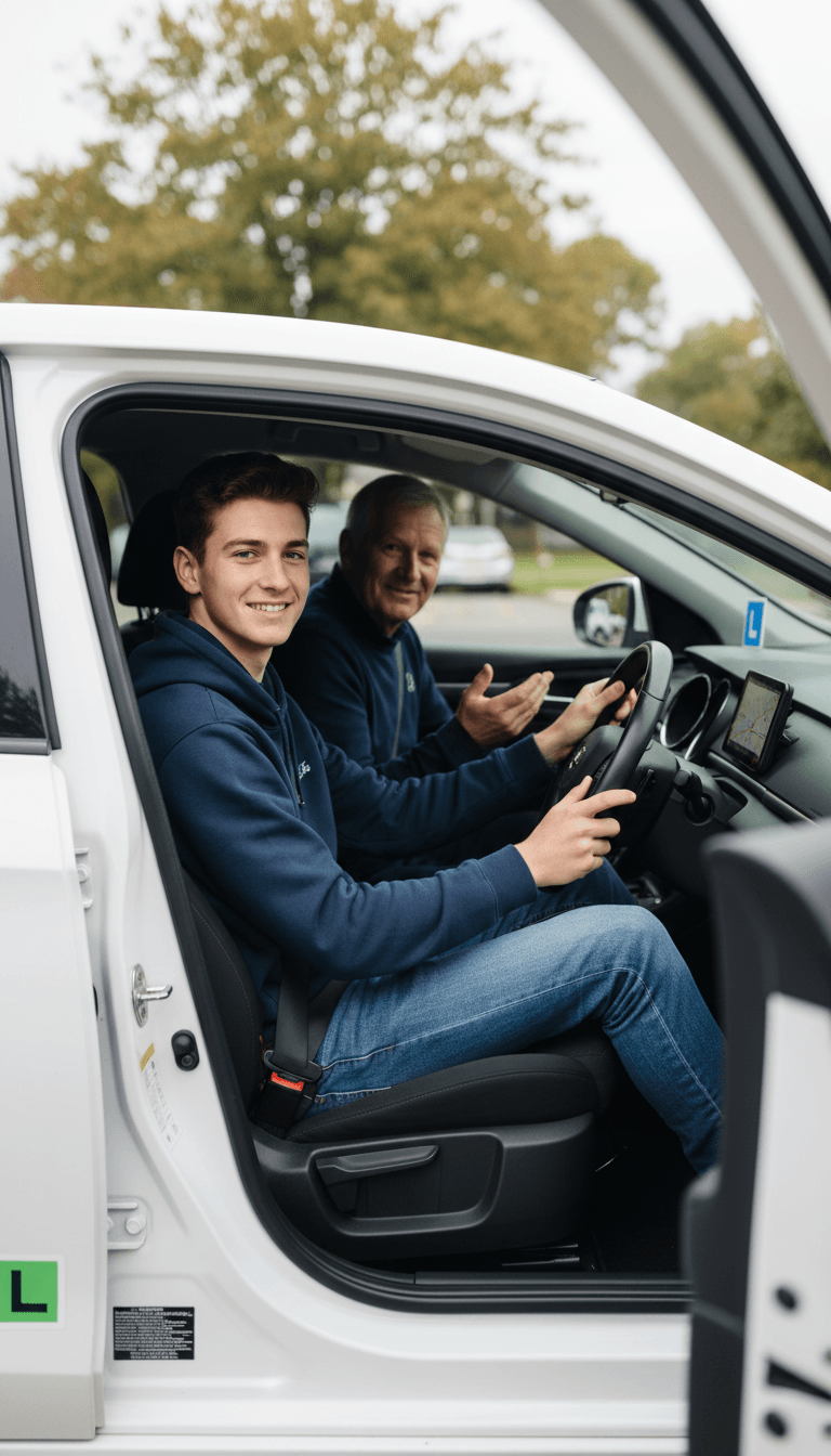 Driving instructor with car in Ahoskie neighborhood