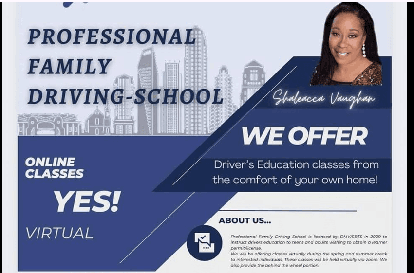 Professional Family Driving School flyer advertising virtual online driver's education classes featuring Shaleacca Vaughan.